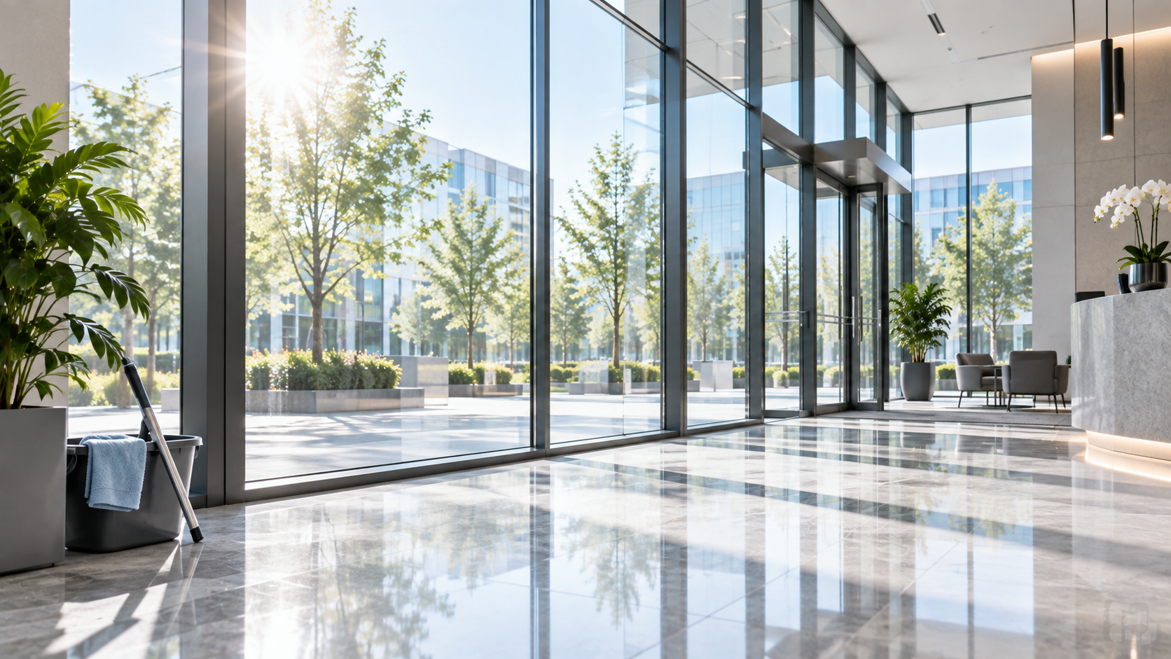 Saubere großflächige Glasfront in einem modernen Gebäude