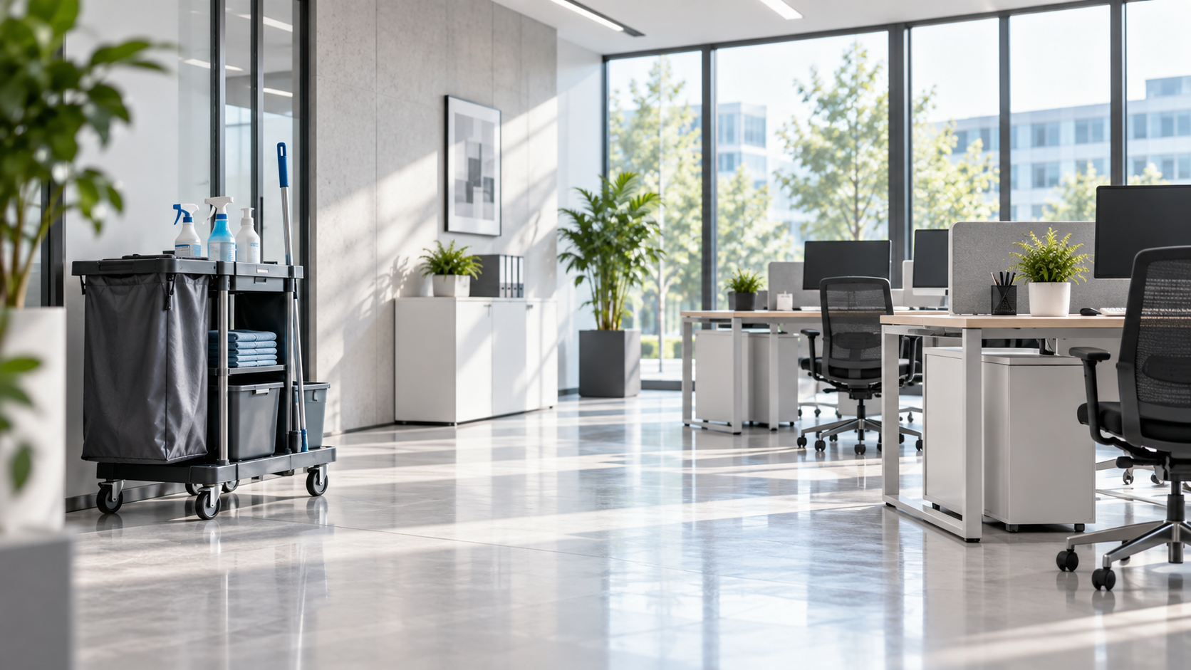 Sauberer Bürobereich nach professioneller Unterhaltsreinigung